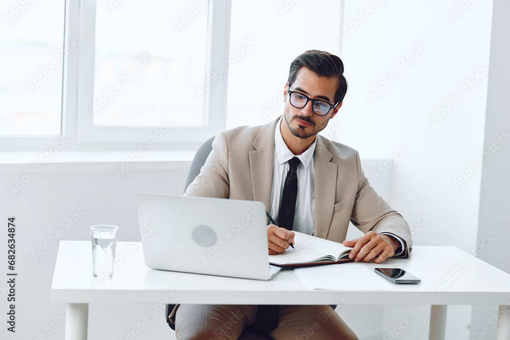 Fototapeta premium Business company employee office suit planning smiling happy businessman document laptop holding paper