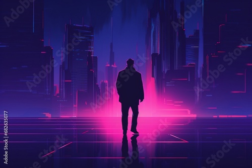 Retro comic art of a man alone_walk in neon light