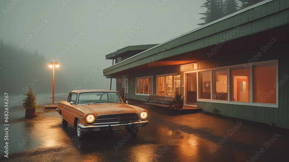 Orange retro style car parked near a traditional motel. Misty evening after the rain, mysterious atmosphere.