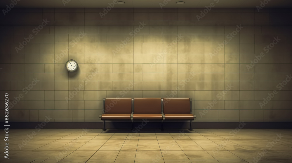 Gloomy metro or bus station with a brown empty bench and a clock on the tiled wall. Urban public transportation. Concept of time passing and waiting. - obrazy, fototapety, plakaty 