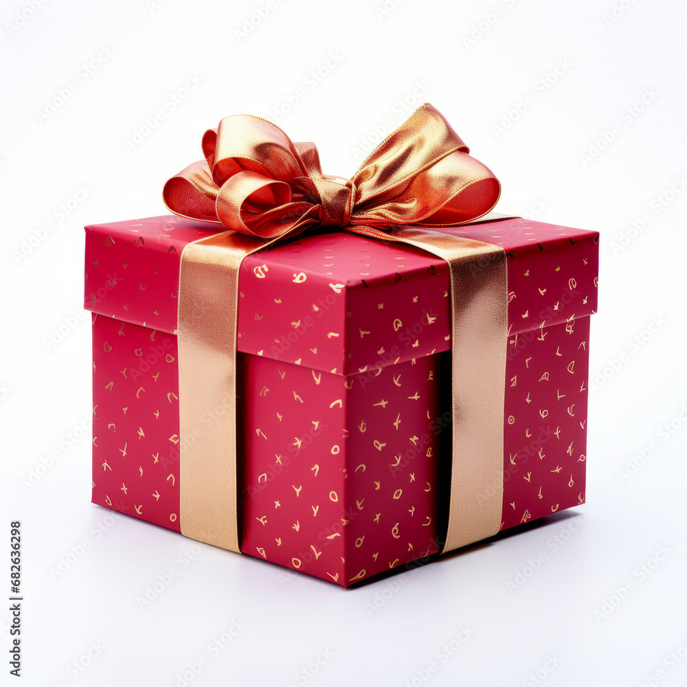 Obraz premium A red gift box with white polka dots and a shiny gold ribbon bow isolated on a white background