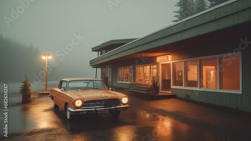 Orange retro style car parked near a traditional motel. Misty evening after the rain, mysterious atmosphere. photo