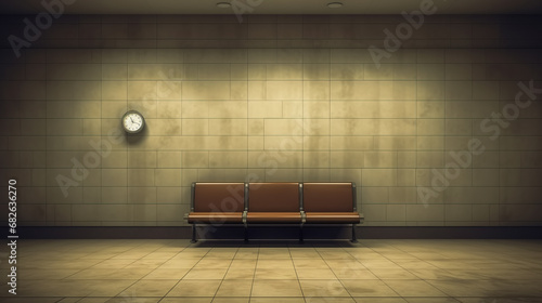 Gloomy metro or bus station with a brown empty bench and a clock on the tiled wall. Urban public transportation. Concept of time passing and waiting.