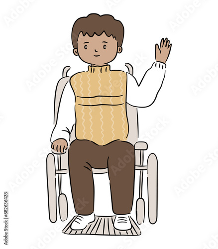 Isolated of a person with disability is smiling and doing hand waving in line hand drawn vector.