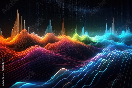 colorful floating analog digital waves and wave-forms on a black background, signal processing, amplitude and frequency, abstract background photo