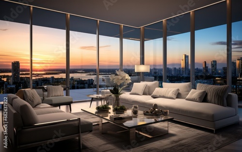 Modern penthouse situated in a downtown, showcase the luxury and contemporary design elements characteristic of the upscale urban space photo