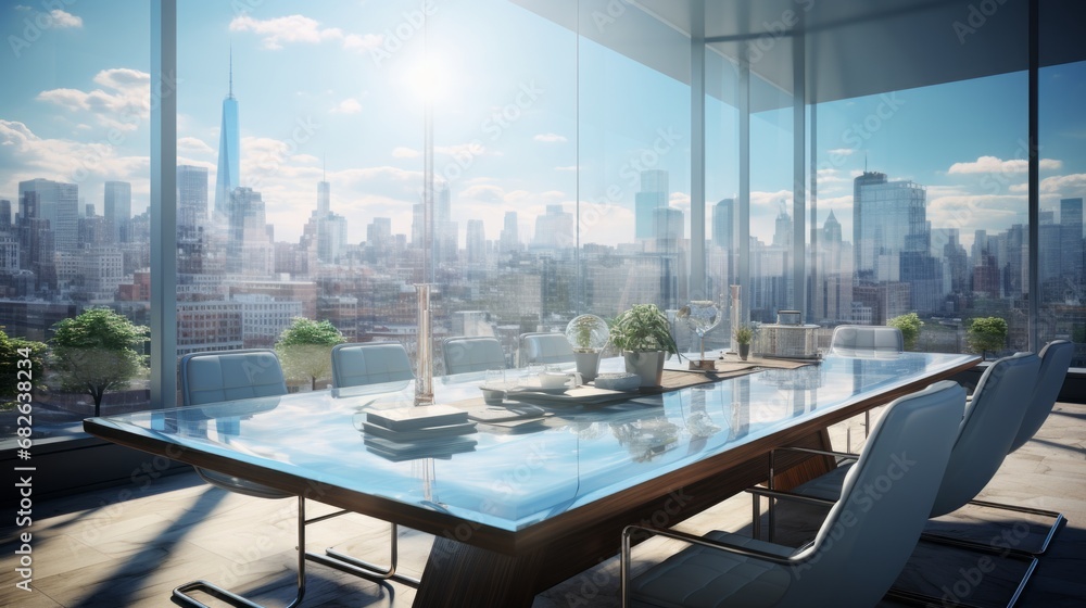 Elegant Office Tabletop Bathed in Soft Natural Light with Wide-Angle Window Offering Cityscape View