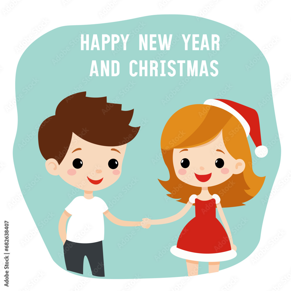 cute girl and boy greeting card happy new year and Christmas. Vector illustration. cute girl and boy greeting card happy new year and Christmas. Vector illustration.