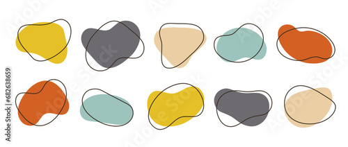 Abstract organic shapes collection. Irregular liquid forms set. Cute amoeba blobs, blotches, drops or stains bundle. Different design templates for label, sticker, banner, presentation, flyer. Vector