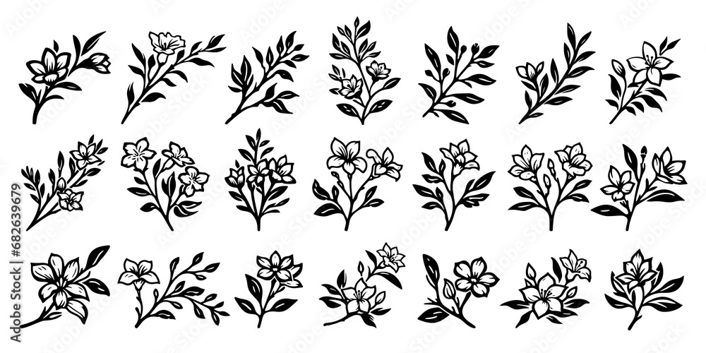 Elegant Monochrome Illustration Collection of Gardenia Flowers