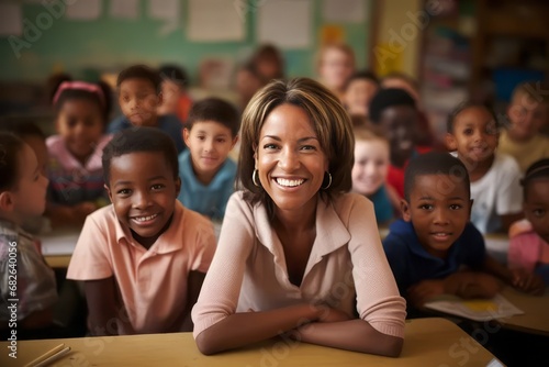 portrait of a smiling female teacher in the heart of an elementary school classroom