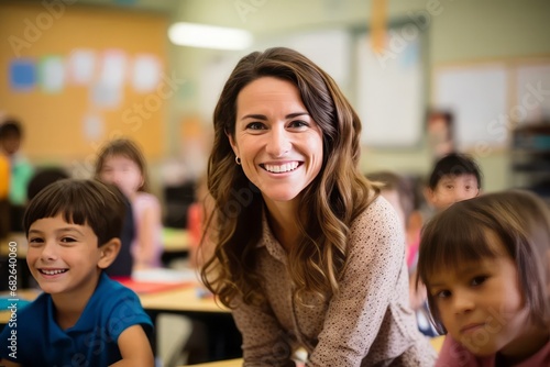 portrait of a smiling female teacfemale teacher in a class at elementary school looking at cameraher