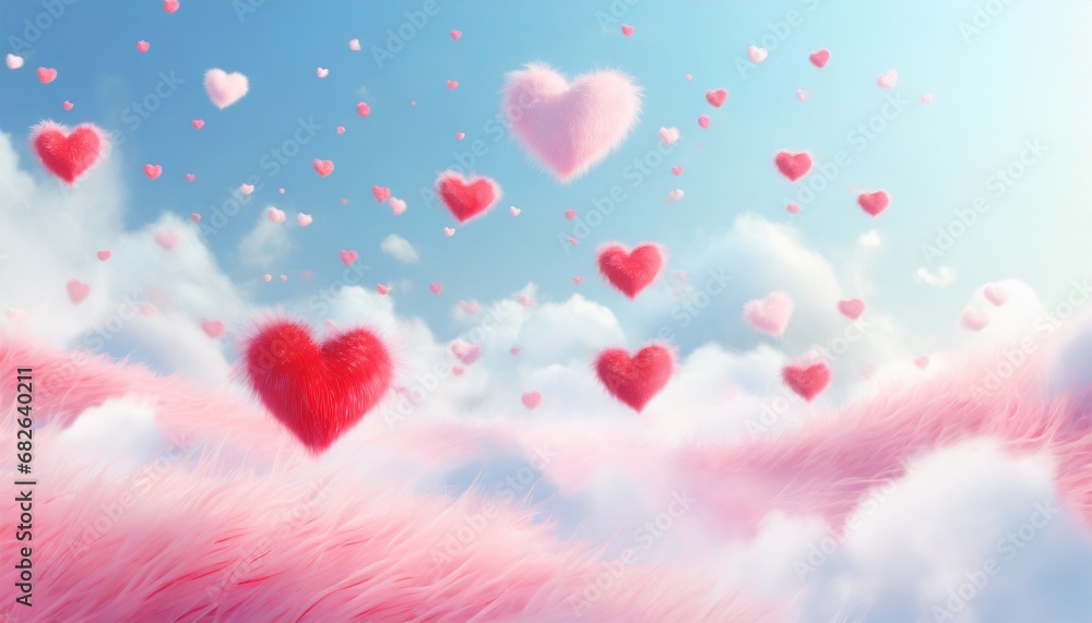 Hearts made of pink feathers are flying in the blue-pink sky