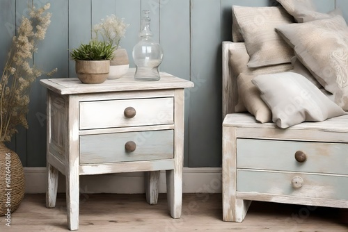 A side table with 2 drawer made with wood pained in soft light colors, some decoration piece on that table against wooden wall