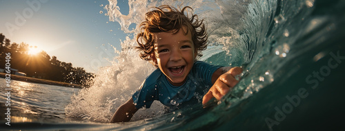 A closeup photo of a little kid surfing and smiling in water surface with splashing, looking at the camera with wet face    © Sudarshana