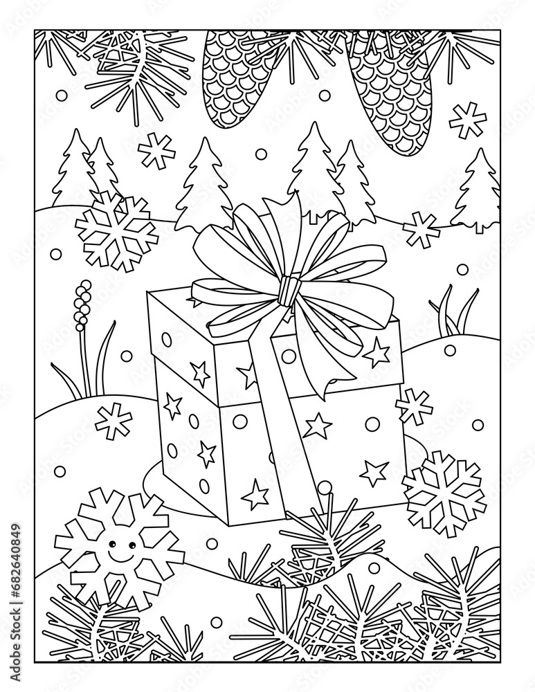 Winter holidays joy coloring page with holiday present in outdoor scene
