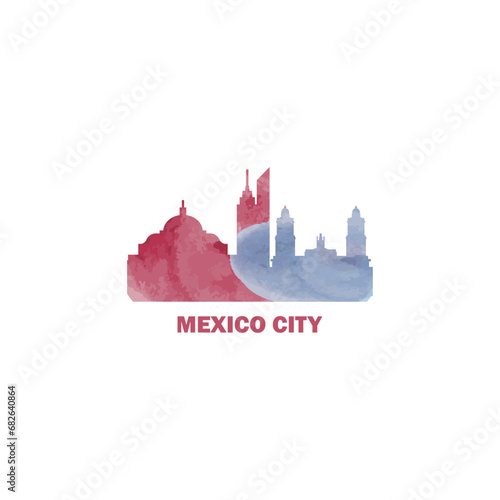 Mexico City watercolor cityscape skyline city panorama vector flat modern logo, icon. Mexican megapolis emblem concept with landmarks and building silhouettes. Isolated graphic