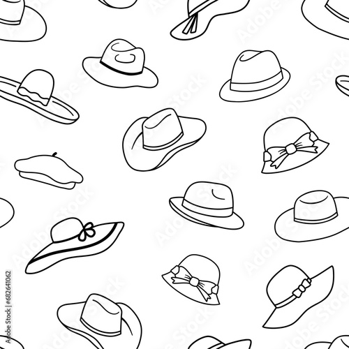 Vector Seamless pattern with hats in line art style. Monochrome repeating pattern