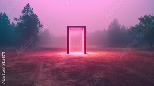 Magical portal emitting pink neon light, in the middle of an empty field, with dark trees in the background. Doorway leading to another dimension. photo