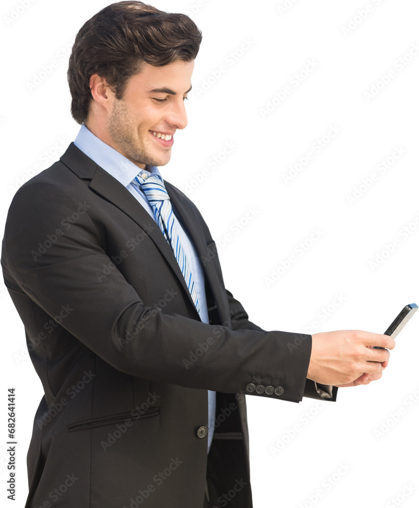 Digital png photo of caucasian businessman using smartphone on transparent background Digital png photo of caucasian businessman using smartphone on transparent background