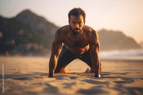 Strong Black man doing exercise on the beach