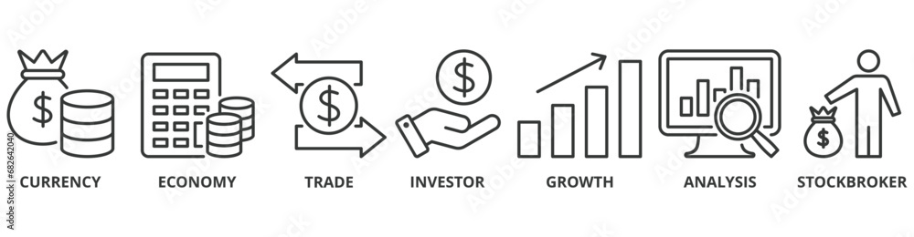Forex banner web icon vector illustration concept with icon of currency, economy, trade, investor, growth, analysis and stockbroker - obrazy, fototapety, plakaty 