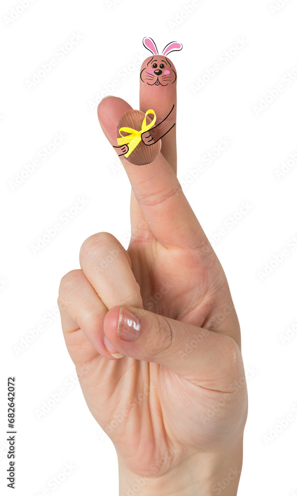 Obraz premium Digital png illustration of hand with bunny puppet with egg on fingers on transparent background