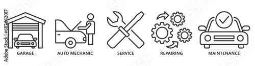 Car servicing banner web icon vector illustration concept with icon of garage, auto mechanic, service, repairing and maintenance