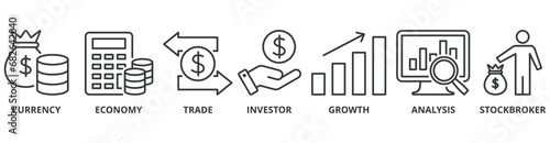 Forex banner web icon vector illustration concept with icon of currency, economy, trade, investor, growth, analysis and stockbroker photo