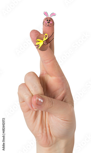 Digital png illustration of hand with bunny puppet with egg on fingers on transparent background