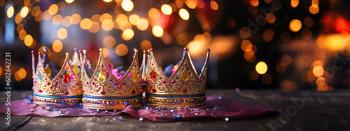 Foto Three golden crowns sparkling festive background