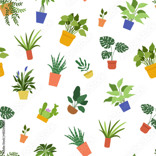 Vector seamless pattern with hand drawn house plants in pots on white background