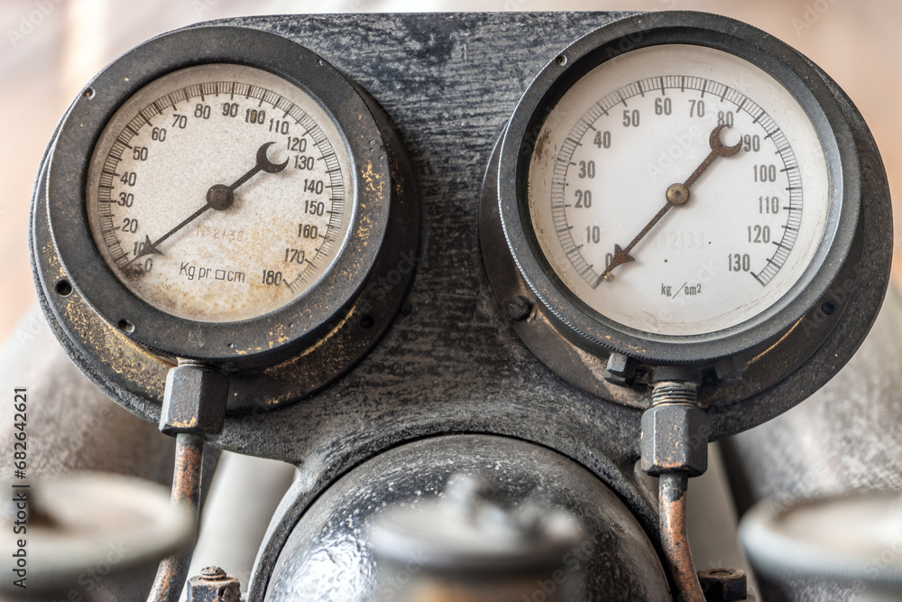 The historical pressure gauges on the torpedo service system, close up. The historical pressure gauges on the torpedo service system, close up.
