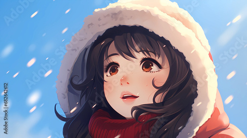 Hand drawn cartoon illustration of cute girl in winter 