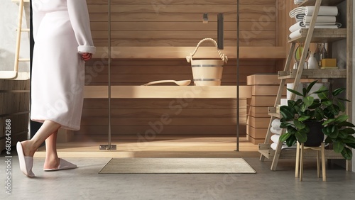 Woman wear white robe walking into wooden sauna steam room with glass door by bathtub, shelf of towel and toiletries for health and spa product background 3D