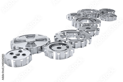 Digital png illustration of many silver gears on transparent background