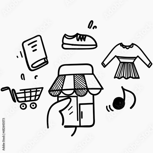 hand drawn doodle mobile store shopping illustration vector