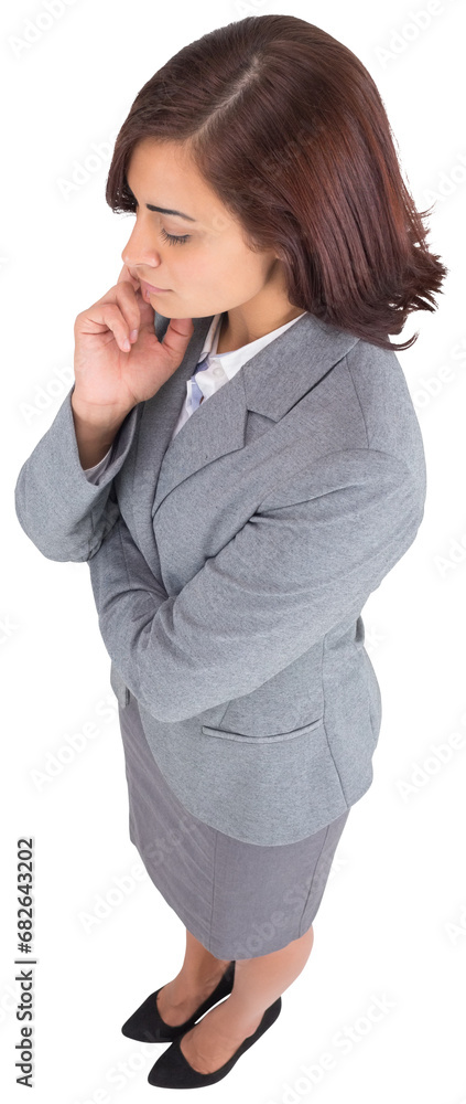 Digital png photo of focused caucasian businesswoman looking down on transparent background Digital png photo of focused caucasian businesswoman looking down on transparent background