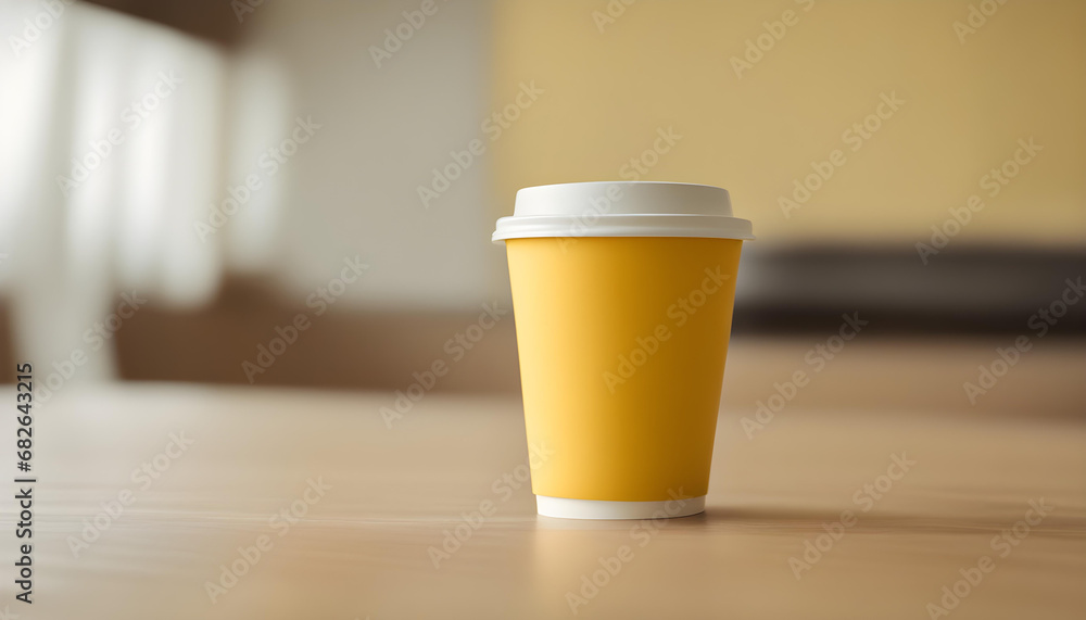 Yellow paper coffee cup stands on beige wooden table Yellow paper coffee cup stands on beige wooden table