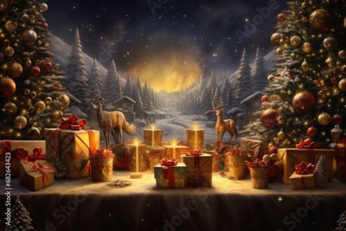 Many gift boxes for the Christmas eve night with snow in winter comeliness