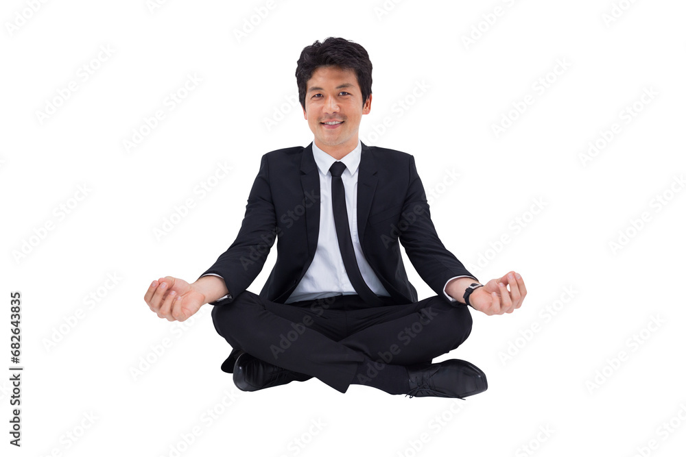 Digital png photo of smiling asian businessman practicing yoga on transparent background Digital png photo of smiling asian businessman practicing yoga on transparent background