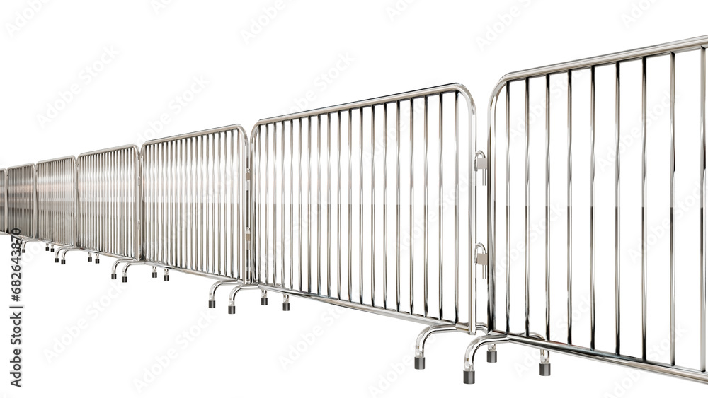 A PNG image displays a crowd control metal barrier with a transparent background. - obrazy, fototapety, plakaty 