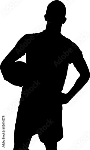 Digital png silhouette of male football player holding ball on transparent background
