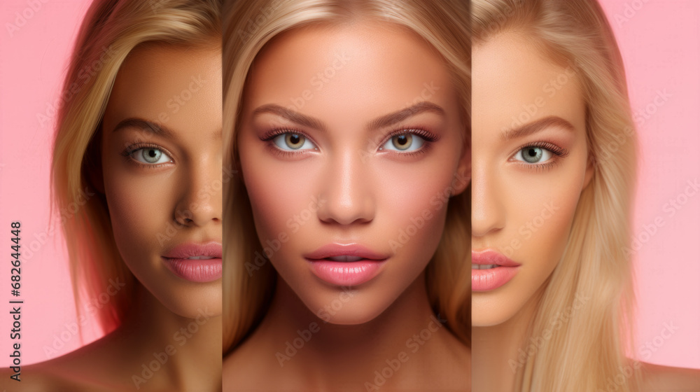 Portrait of three blond women with varying degrees of skin tones. Cosmetics and skin care. 