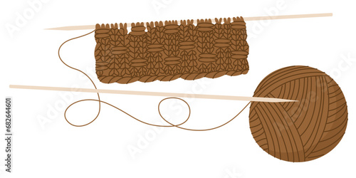A skein of wool with two knitting needles and a started project. Vector illustration isolated on white background for home craft stores and postcard design. Hobbies for relaxation. Creating cozy thing