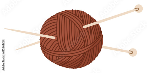 A skein of wool with two knitting needles stuck in. Vector illustration isolated on white background for home craft stores and postcard design. Hobbies for relaxation. Creating cozy things.