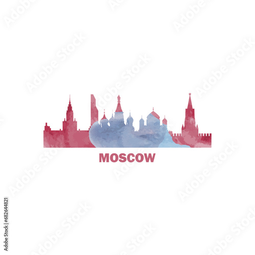 Moscow watercolor cityscape skyline city panorama vector flat modern logo, icon. Russia capital emblem concept with landmarks and building silhouettes. Isolated graphic