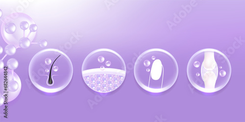 Hyaluronic acid skin hair nails bone and joint solutions ad, purple collagen serum drop with cosmetic advertising background ready to use, illustration vector.	