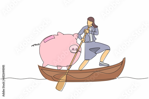 Continuous one line drawing businesswoman sailing away on boat with piggy bank. Saving money for financial management. Investment for personal use. Single line draw design vector graphic illustration