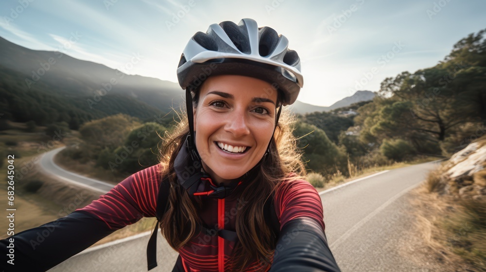 A beautiful female cyclist taking a selfie while cycling with pine trees and hills in the background. A beautiful female cyclist taking a selfie while cycling with pine trees and hills in the background.